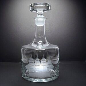 Vintage Etched Glass Ship Decanter with Stopper MCM Captain’s Carafe Nautical